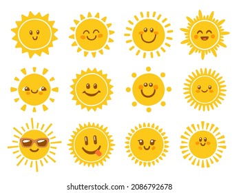 Cute sun characters. Sunshine emoji, cartoon smiled faces and happy sunny summer day vector icons set