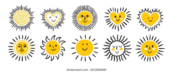cute sun clipart, hand drawn sun heart colorful happy set, yellow and orange smiling sun, emotion happy faces. Vector illustration