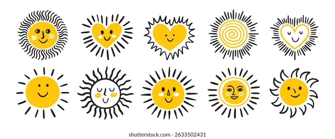 cute sun clipart, hand drawn sun heart colorful happy set, yellow and orange smiling sun, emotion happy faces. Vector illustration