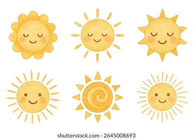 Cute sun clipart set with smiling faces and sunny rays. Perfect for kids designs, nursery prints, weather icons, educational materials, or cheerful summer and holiday projects.