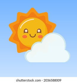 cute sun and cloud in blue skies. vector illustration. Card for kids.