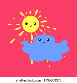 Cute sun and cloud in a flat design. Kawaii print for baby clothes. Drawing on a t-shirt for the girl. Vector stock illustration.