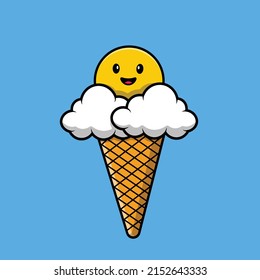 Cute Sun Cloud Ice Cream Cartoon Vector Icon Illustration. Nature Food Icon Concept Isolated Premium Vector.