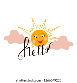 Cute Sun and cloud with inscription "hello". Hand drawn illustration for card,  for presents, invitation, children room decor, interior design