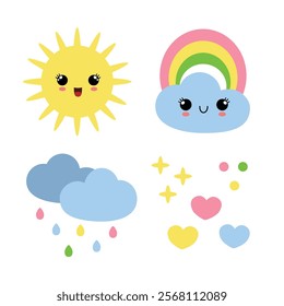 Cute sun and cloud in kawaii style. Flat vector illustration.