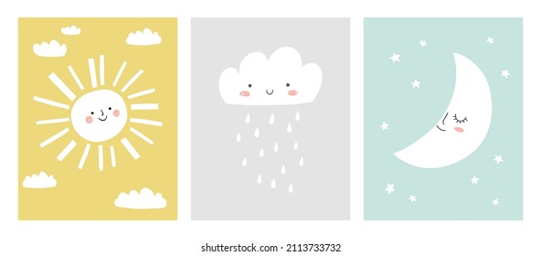 Cute sun, cloud and moon baby cards, nursery posters, baby shower invitations. Set of Scandinavian vector illustration for prints, cards, apparel.