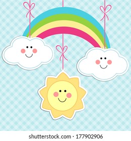 Cute sun, cloud and rainbow characters as baby background