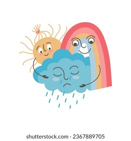 Personajes de Sol, Nube y Arcoiris con estilo de dibujos animados aislados en blanco. El Sol y el Arcoiris abrazan una nube triste. La Nube está llorando de lluvia. Ilustración vectorial para niños de estilo plano.