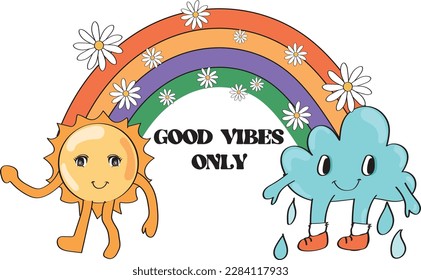 cute sun cloud and rainbow retro daisy flower illustration