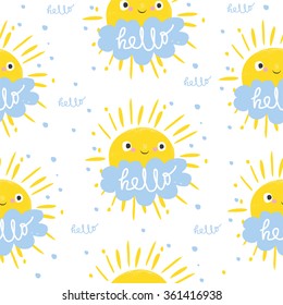  cute sun and cloud says hello. vector illustration. seamless pattern. Card for kids.
