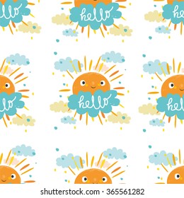  cute sun and cloud says hello. vector illustration. seamless pattern. Card for kids