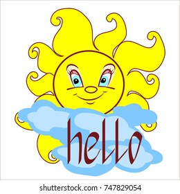 Cute sun and cloud says hello. Vector illustration. Card for kids. Sun icon vector - stock vector