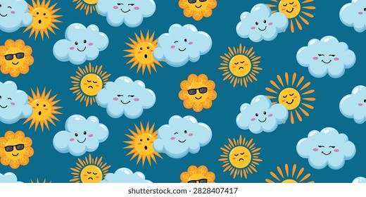 Cute sun and cloud seamless pattern featuring smiling cartoon weather characters with playful faces on a blue background for kids