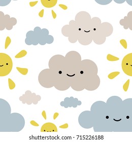 Cute Sun and Cloud Seamless Pattern Background, Vector illustration