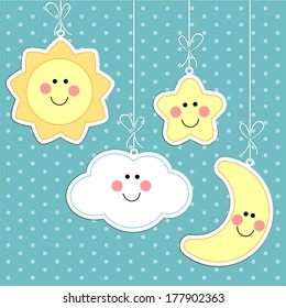Cute sun, cloud, star and moon on strings as baby background