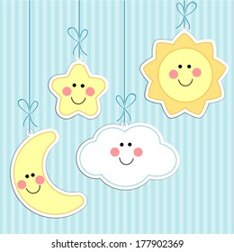 Cute sun, cloud, star and moon on strings as baby background