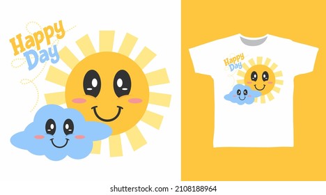 Cute sun with cloud tee design concept