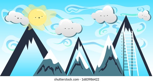 Cute sun and clouds above the mountains with growth meter. Wallpaper for kids room. Vector illustration.