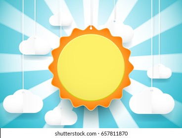 Cute Sun and clouds background. Paper art and craft style