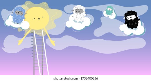 Cute Sun and Clouds with colorful Lambs on it. Wallpaper for kids bedroom with growth meter. Vector illustration.