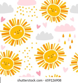 Cute sun and clouds pattern with hearts. Vector seamless girly background. Summer funny cartoon weather illustration.