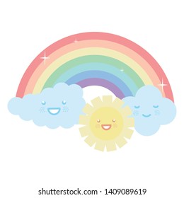 cute sun and clouds with rainbow kawaii characters