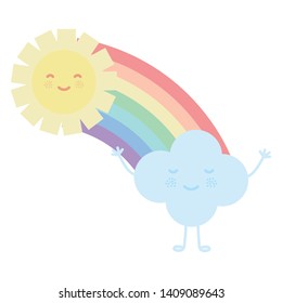 cute sun and clouds with rainbow kawaii characters