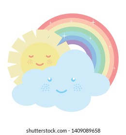 cute sun and clouds with rainbow kawaii characters