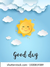 Cute sun and clouds in the sky, hello summer concept illustration, vector paper art