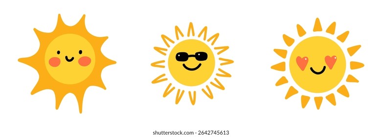 Cute sun collection. Adorable set of cartoon sun characters with faces with cheeks, sunglasses, and heart eyes. Perfect for kids designs, summer themes, prints, and playful decor.