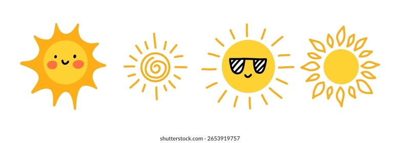 Cute sun collection. Adorable set of cartoon sun characters with faces with cheeks, sunglasses, and heart eyes. Perfect for kids designs, summer themes, prints, and playful decor.