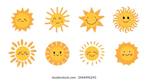 Bonita colección del sol. Sol con diferentes rayos y emociones. Ilustración vectorial infantil. Gráficos de arte de Clip Sunshine en estilo dibujado a mano. Fondo blanco aislado. 