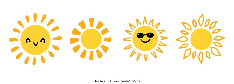 Cute sun collection. Happy cartoon characters. Summer hand drawn sunshine set for childish cards, invitations, posters, stickers. Yellow kids faces icons. Vector illustration