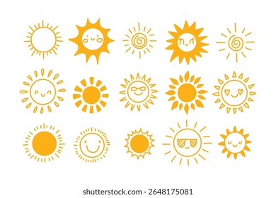 Cute sun collection. Happy cartoon characters. Summer hand drawn sunshine set for childish cards, invitations, posters, stickers. Yellow kids faces icons. Vector illustration
