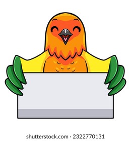 Cute sun conure parrot cartoon holding blank sign