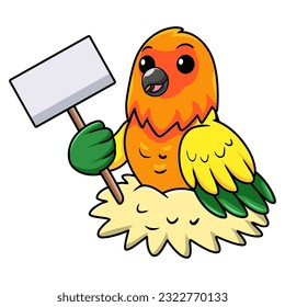 Cute sun conure parrot cartoon holding blank sign