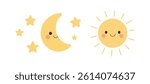 Cute sun and crescent moon with glowing stars on a bright sky, perfect for celestial themes, bedtime designs, astronomy icons, or cosmic illustrations.