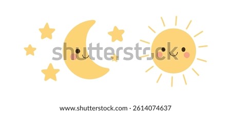 Cute sun and crescent moon with glowing stars on a bright sky, perfect for celestial themes, bedtime designs, astronomy icons, or cosmic illustrations.