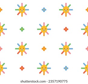 Cute sun and daisy flower seamless pattern design. Vector illustration.