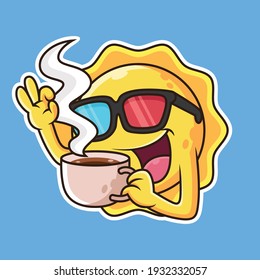 Cute Sun Drink Coffee Vector Icon Illustration, Isolated on Blue Background