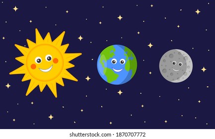 Cute Sun, Earth and Moon characters on dark space starry background. Funny astronomy for kids. Vector cartoon illustration for educational science lessons in kindergartens and schools.