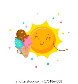 Cute Sun Eating Ice Cream. Cartoon Character, Kawaii Personage Enjoying Summer Spare Time, Sweet Food. Summertime Activity and Relax T-shirt Print Isolated on White Background. Vector Illustration