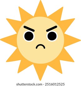 Emoji lindo del sol enojado con el ceño fruncido y las cejas fruncidas en estilo plano de la historieta