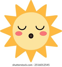 Emoji de sol bonito com olhos fechados e um rosto relaxado e sonolento no estilo de desenho animado plano