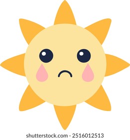 Cute sun emoji crying with tears and sad face in flat cartoon style