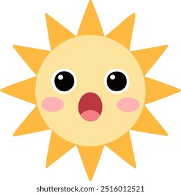 Cute sun emoji featuring a surprised expression with wide eyes, blushing cheeks, and an open mouth in flat cartoon style