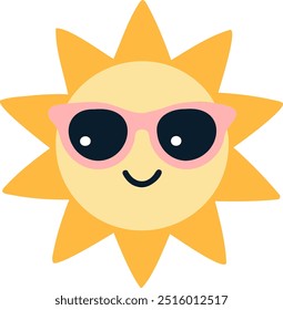 Cute sun emoji wearing sunglasses and smiling in a flat cartoon style