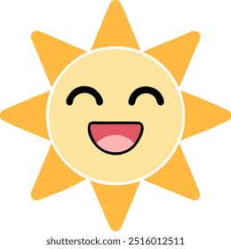 Cute sun emoji with wide happy smile and closed eyes in a flat cartoon style