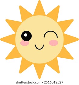 Cute sun emoji winking and smiling with blush in flat cartoon style