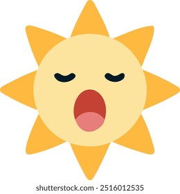 Lindo emoji de sol bostezando con los ojos cerrados y la boca abierta en estilo de dibujos animados planos